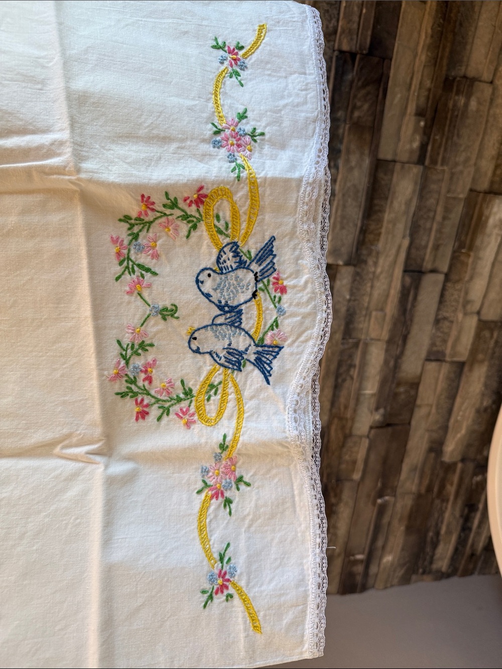 Hand-Embroidered White Cotton pillow case with Blue Bird Motif, 2 pillow cases, - Picture 3 of 4
